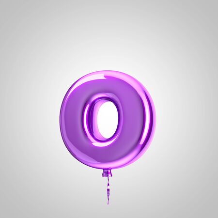 Shiny metallic violet balloon letter O lowercase isolated on white. 3D rendered alphabet type balloons for holiday, birthday, celebration, new year. Glossy font for banner, poster decoration.の写真素材