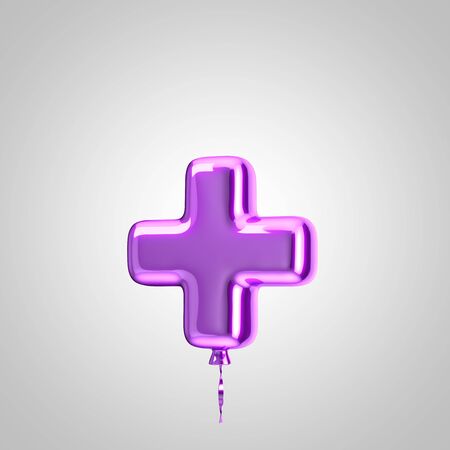 Shiny metallic violet balloon plus symbol isolated on white. 3D rendered alphabet type balloons for holiday, birthday, celebration, new year. Glossy font for banner, poster decoration.の写真素材