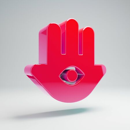 Volumetric glossy hot pink Hamsa icon isolated on white background. 3D rendered digital symbol. Modern icon for website, internet marketing, presentation, logo design template element.の写真素材
