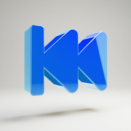 Volumetric glossy blue Fast Backward icon isolated on white background. 3D rendered digital symbol. Modern icon for website, internet marketing, presentation, logo design template element.の写真素材