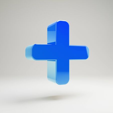 Volumetric glossy blue Plus icon isolated on white background. 3D rendered digital symbol.の写真素材