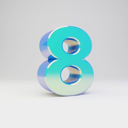 3d number 8. Sky blue metal font with glossy reflections isolated on white background.の写真素材