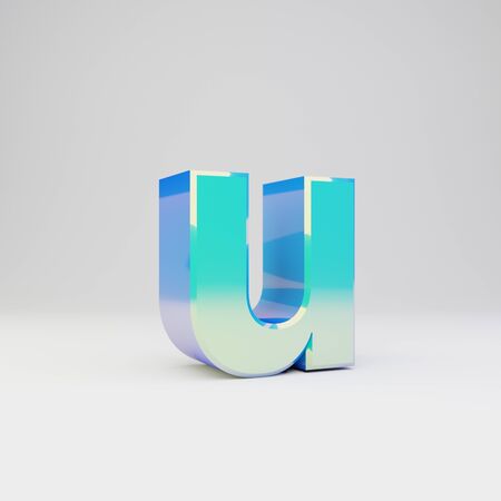 3d letter U lowercase. Sky blue metal font with glossy reflections isolated on white background.の写真素材