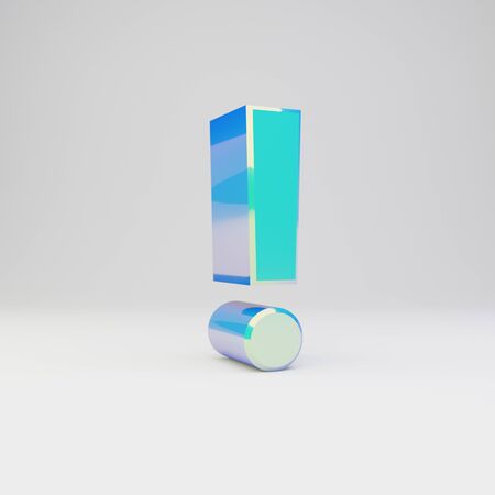 3d exclamation point symbol. Sky blue metal font with glossy reflections isolated on white background.の写真素材
