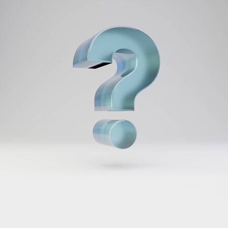 Ice 3d question symbol. Transparent blue ice font with glossy reflections and shadow isolated on white background.の写真素材