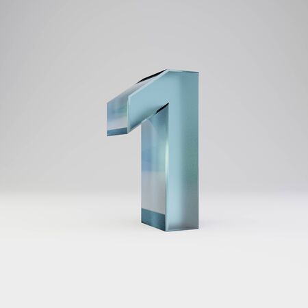 Ice 3d number 1. Transparent blue ice font with glossy reflections and shadow isolated on white...
