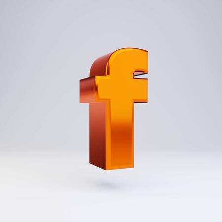 Shiny metallic hot orange letter F lowercase isolated on white. 3D rendered glossy alphabet type for poster, banner, advertisement, decoration.の写真素材