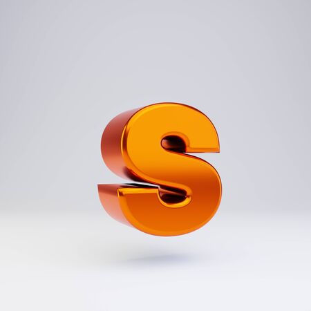 Shiny metallic hot orange letter S lowercase isolated on white. 3D rendered glossy alphabet type for poster, banner, advertisement, decoration.の写真素材