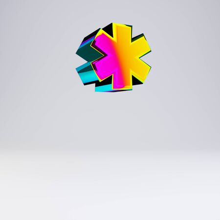 Holographic asterisk symbol isolated on white. 3D rendered multichrome glossy alphabet type for poster, banner, advertisement, decoration.の写真素材