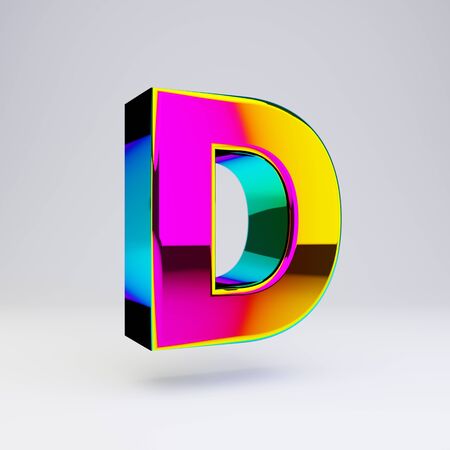 Holographic letter D uppercase isolated on white. 3D rendered multichrome glossy alphabet type for poster, banner, advertisement, decoration.の写真素材