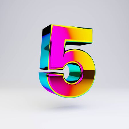 Holographic number 5 isolated on white. 3D rendered multichrome glossy alphabet type for poster, banner, advertisement, decoration.の写真素材