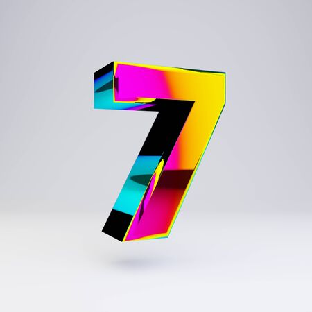 Holographic number 7 isolated on white. 3D rendered multichrome glossy alphabet type for poster, banner, advertisement, decoration.の写真素材