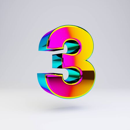 Holographic number 3 isolated on white. 3D rendered multi chrome glossy alphabet type for poster,...