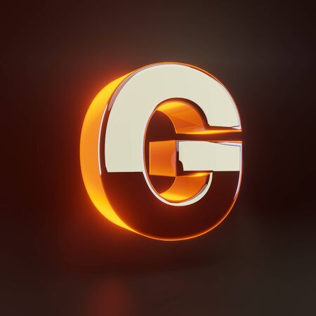 3d letter G uppercase. Glowing glossy metallic font with orange lights isolated on black background. 3D rendered shiny alphabet type for poster, banner, advertisement, decoration.の写真素材