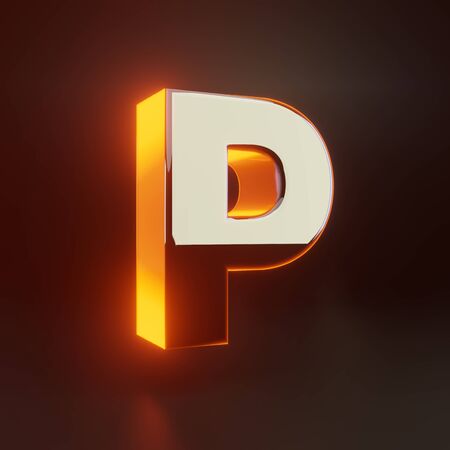 3d letter P uppercase. Glowing glossy metallic font with orange lights isolated on black background. 3D rendered shiny alphabet type for poster, banner, advertisement, decoration.の写真素材