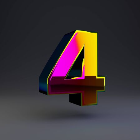 Holographic number 4 isolated on black. 3D rendered multichrome glossy alphabet type for poster,...