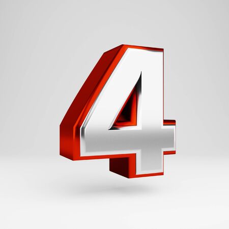 Metal number 4 isolated on white. 3D rendered red and white metallic glossy alphabet type for banner, poster, decoration.の写真素材