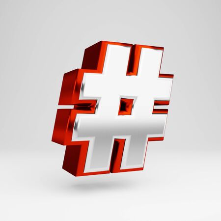 Metal hashtag symbol isolated on white. 3D rendered red and white metallic glossy alphabet type for banner, poster, decoration.の写真素材