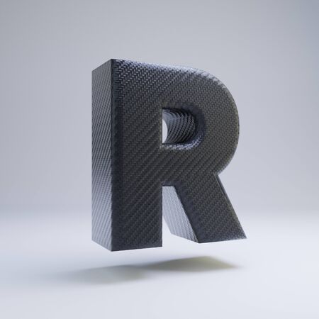 Carbon fiber letter R uppercase isolated on white. 3D rendered black glossy carbon font for poster, banner, advertisement, decoration.の写真素材