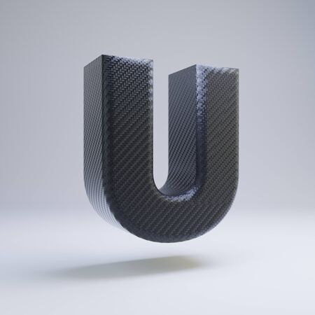 Carbon fiber letter U uppercase isolated on white. 3D rendered black glossy carbon font for poster, banner, advertisement, decoration.の写真素材