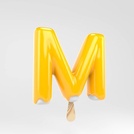 Ice cream letter M uppercase. Yellow Ice cream alphabet. 3d rendered dessert lettering isolated on white background. Can be used for summer design.の写真素材