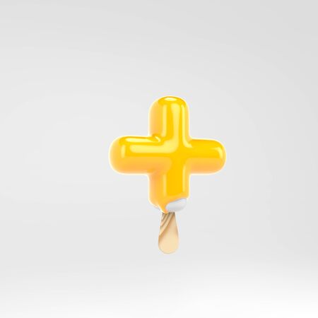 Ice cream plus symbol.Yellow symbol. 3d rendered dessert lettering isolated on white background. Can be used for summer design.の写真素材