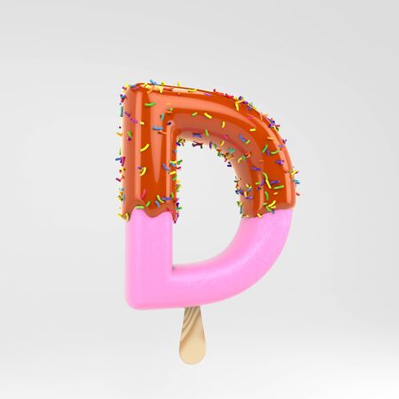 Ice cream letter D uppercase. Pink fruit font with caramel and sprinkles. 3d rendered alphabet type isolated on white background. For banner, poster design template.の写真素材