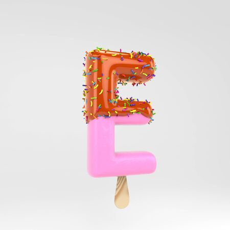 Ice cream letter E uppercase.Pink fruit font with caramel and sprinkles. 3d rendered alphabet type isolated on white background. For banner, poster design template.の写真素材