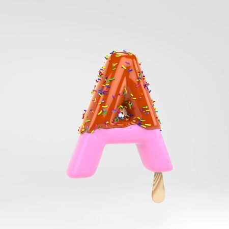 Ice cream letter A uppercase. Pink fruit font with caramel and sprinkles. 3d rendered alphabet type isolated on white background. For banner, poster design template.の写真素材
