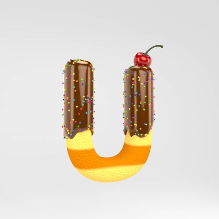 Letter U uppercase. Cake font with chocolate, sprinkles and cherry on top. 3d rendered alphabet type isolated on white background. Best for birthday party, celebration, anniversary.の写真素材