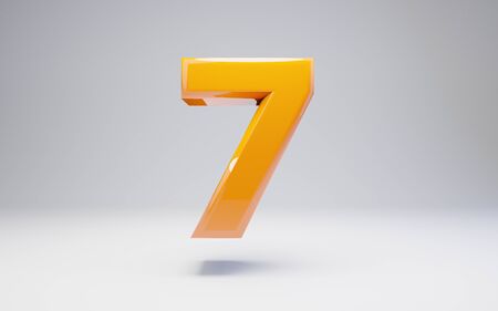 Number 7 isolated on white background. 3D rendered glossy orange number best for anniversary, birthday, celebration.の写真素材