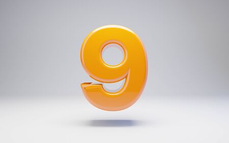 Number 9 isolated on white background. 3D rendered glossy orange number best for anniversary, birthday, celebration.の写真素材