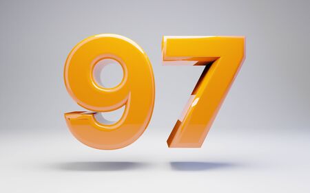 Number 97 isolated on white background. 3D rendered glossy orange number best for anniversary, birthday, celebration.の写真素材