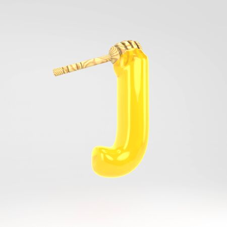 Letter J uppercase. Honey font with dipper. 3d rendered yellow alphabet type isolated on white background.の写真素材