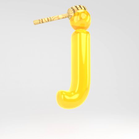 Letter J lowercase. Honey font with dipper. 3d rendered yellow alphabet type isolated on white background.の写真素材