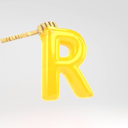Letter R uppercase. Honey font with dipper. 3d rendered yellow alphabet type isolated on white background.の写真素材