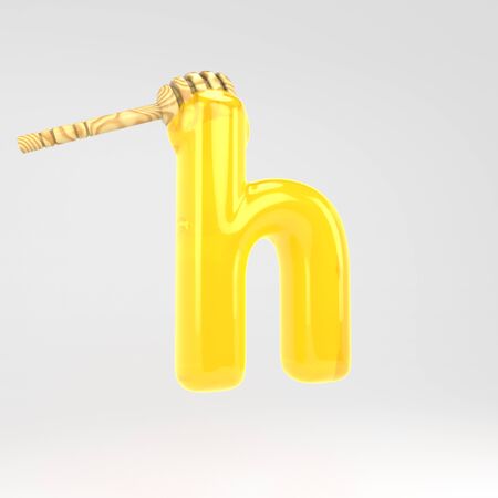 Letter H lowercase. Honey font with dipper. 3d rendered yellow alphabet type isolated on white background.の写真素材