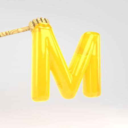 Letter M uppercase. Honey font with dipper. 3d rendered yellow alphabet type isolated on white background.の写真素材