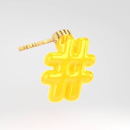 Hashtag symbol. Honey font with dipper. 3d rendered yellow alphabet type isolated on white background.の写真素材