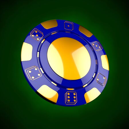 Casino token. Classic casino game 3D chips. Gambling concept, blue poker chips with golden design elements on green background.の写真素材
