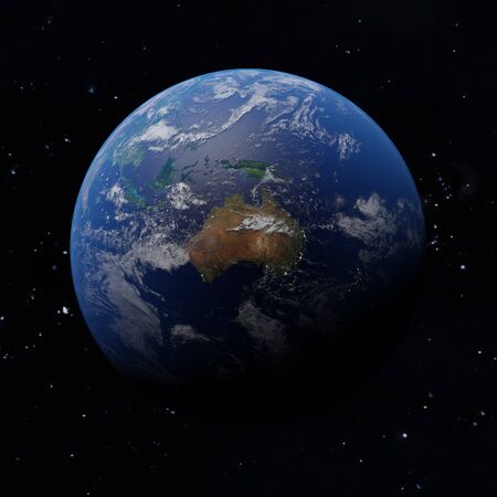 Planet Earth. Australia in center with city lights in dark areas. 3d rendered globe with detailed terrain and clouds.の写真素材