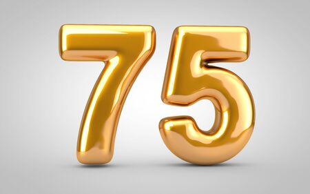 Golden metallic balloon number 75 isolated on white background. 3D rendered illustration. Best for...
