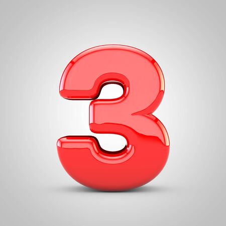 3D Red number 3 Isolated White Background. Glossy font with studio lights reflections and shadow.の写真素材