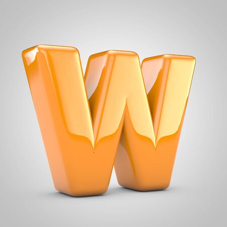 Orange 3d letter W uppercase isolated on white background. Shiny glossy font.の写真素材
