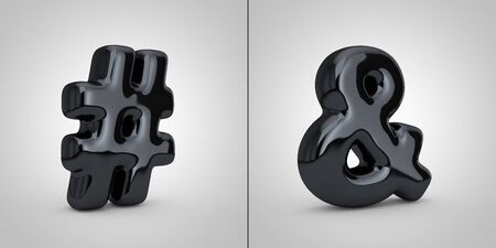 Black alphabet symbols hashtag and ampersand isolated on white background. 3D rendered glossy black font.の写真素材