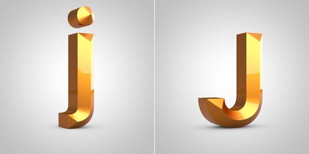 Gold 3d letter J isolated on white background. Rendered metallic chiseled font.の写真素材