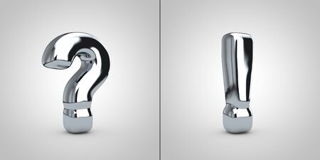Chrome alphabet symbols question and exclamation point isolated on white background. 3D rendered glossy metal font.の写真素材