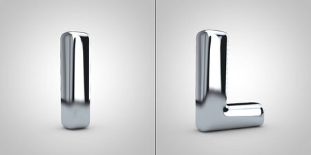 Chrome alphabet letter L isolated on white background. 3D rendered glossy metal font.の写真素材