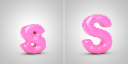 Bubble Gum letter S isolated on white background. 3d pink glossy alphabet font.の写真素材