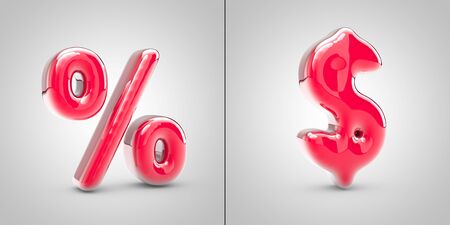 Nail Polish symbol percent and dollar isolated on white background. 3d pink glossy alphabet font.の写真素材